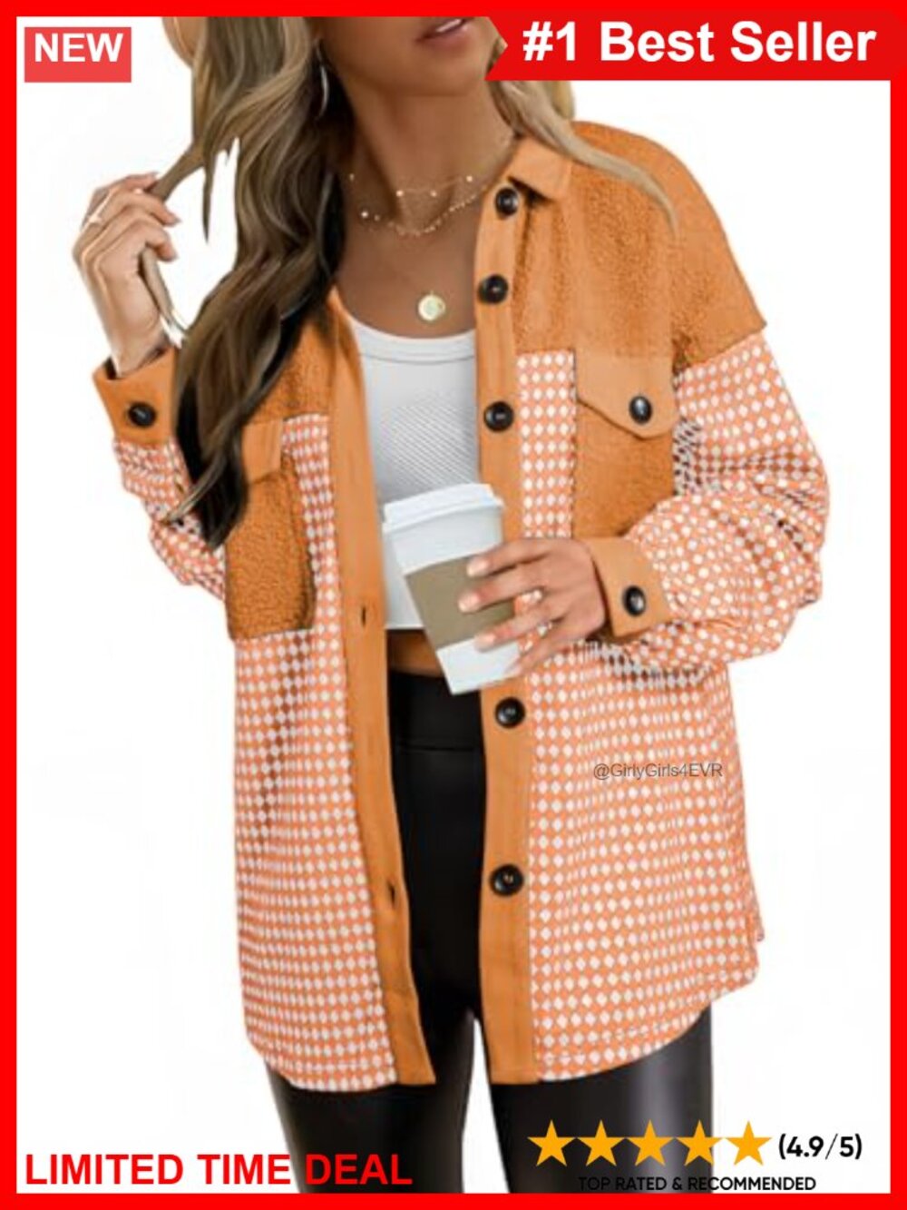 Womens Plaid Button Down Shacket Long Sleeve Loose Knit Jacket with Pockets